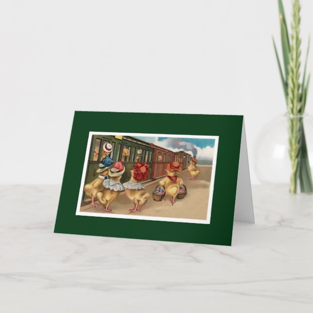 Yellow Chicks on the Train - Anthropomorphic Art Holiday Card (Front)
