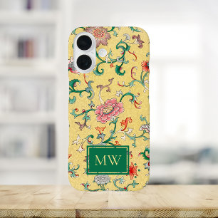 Yellow Chinese Floral Custom Monogram iPhone 16 Case
