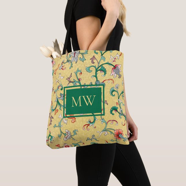 Yellow Chinese Floral Custom Monogram Tote Bag (Close Up)