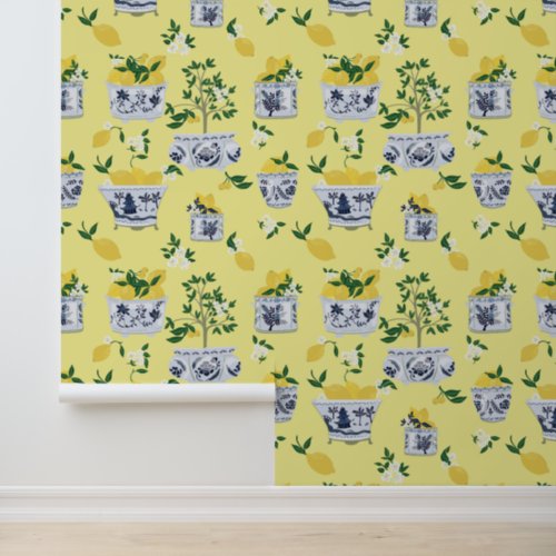 Yellow Chinoiserie Ginger Jar Lemon Trees Yellow Wallpaper