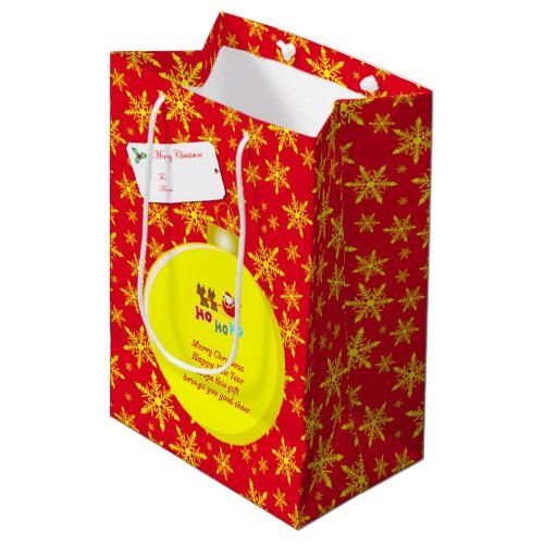 Yellow Christmas Bauble Santa  Sleigh Snowflakes Medium Gift Bag