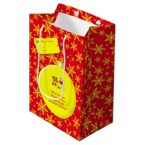 Yellow Christmas Bauble Santa  Sleigh Snowflakes Medium Gift Bag