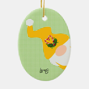 yellow christmas gnome NAME checker candy cane fun Ceramic Ornament