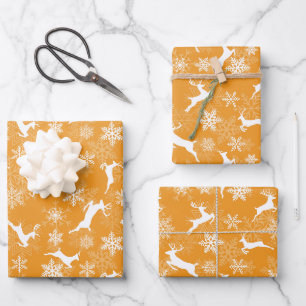 Yellow Christmas snowflakes deer pattern Wrapping Paper Sheets