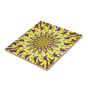 Yellow Chrysanthemum Flower Purple Abstract Ceramic Tile