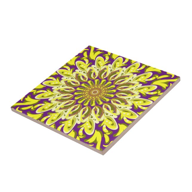 Yellow Chrysanthemum Flower Purple Abstract Ceramic Tile (Side)