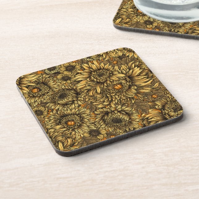 Yellow chrysanthemum flowers and orange beetles beverage coaster (Left Side)