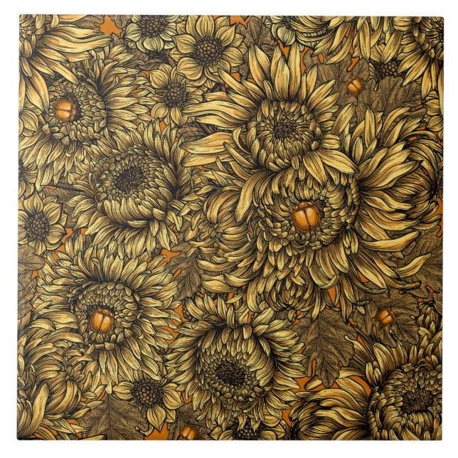 Yellow chrysanthemum flowers and orange beetles ceramic tile (Front)
