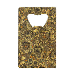 Yellow chrysanthemum flowers and orange beetles credit card bottle opener