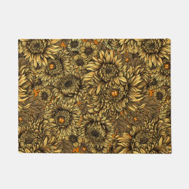 Yellow chrysanthemum flowers and orange beetles doormat (Front)