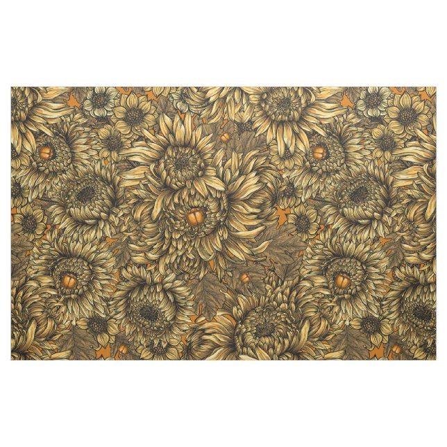 Yellow chrysanthemum flowers and orange beetles fabric (Fat Quarter)