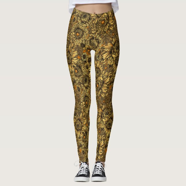 Yellow chrysanthemum flowers and orange beetles leggings (Front)