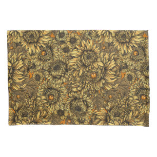 Yellow chrysanthemum flowers and orange beetles pillow case