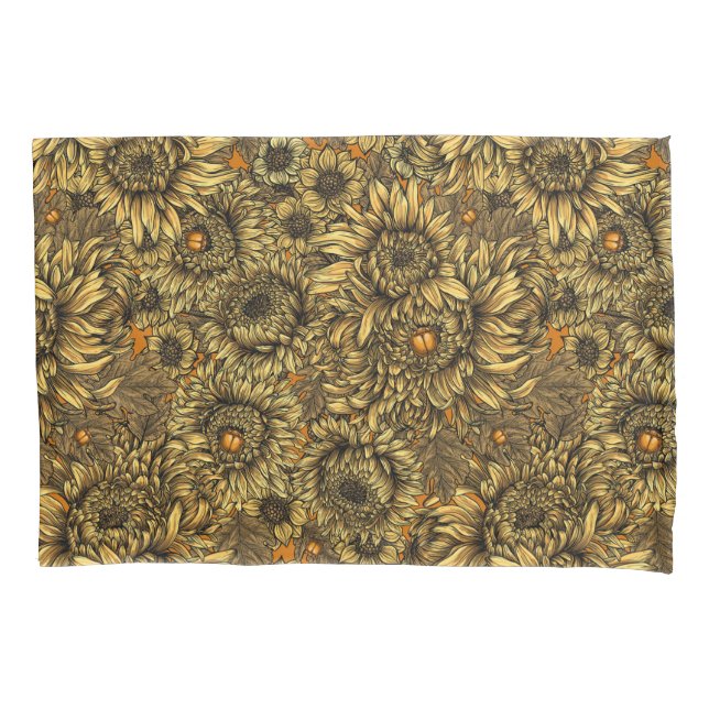Yellow chrysanthemum flowers and orange beetles pillow case (Front)