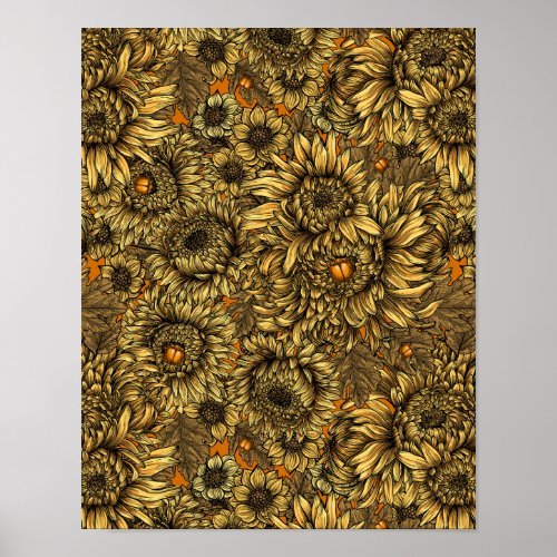 Yellow chrysanthemum flowers and orange beetles poster