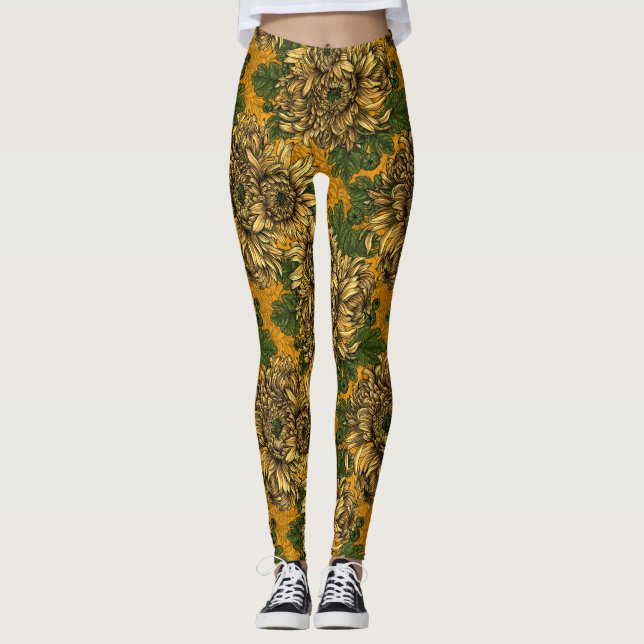 Yellow chrysanthemum flowers leggings (Front)
