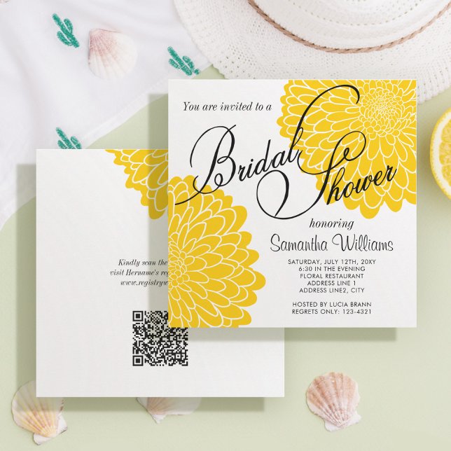 Yellow Chrysanthemum QR Code Square Bridal Shower Invitation (Creator Uploaded)