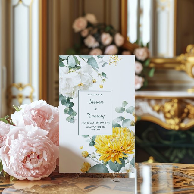 Yellow Chrysanthemum White Peony Eucalyptus Invitation (Creator Uploaded)