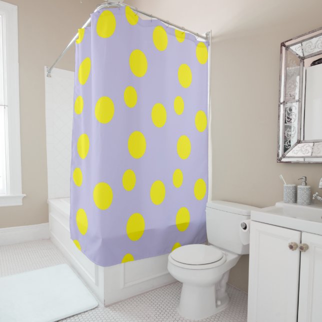 Yellow circles on purple pattern shower curtain (In Situ)
