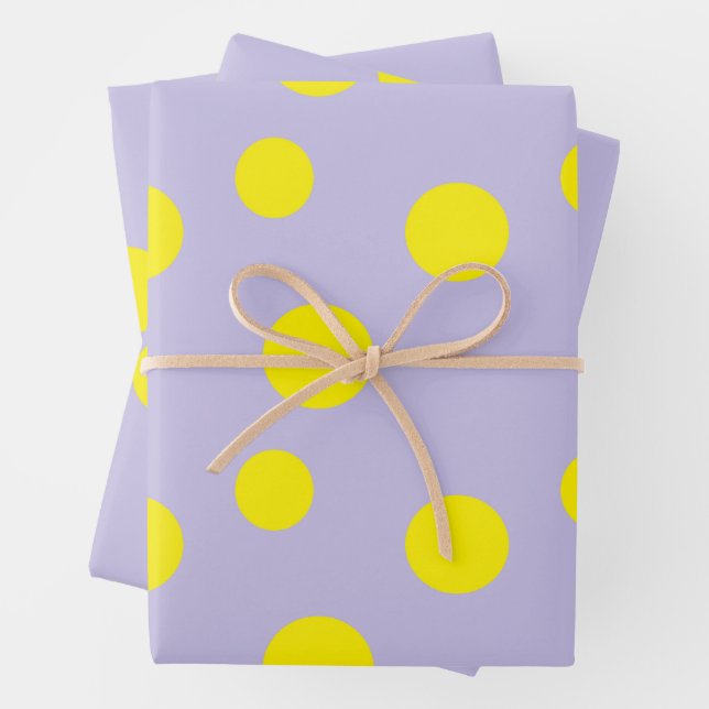 Yellow circles on purple pattern wrapping paper sheets (In situ)