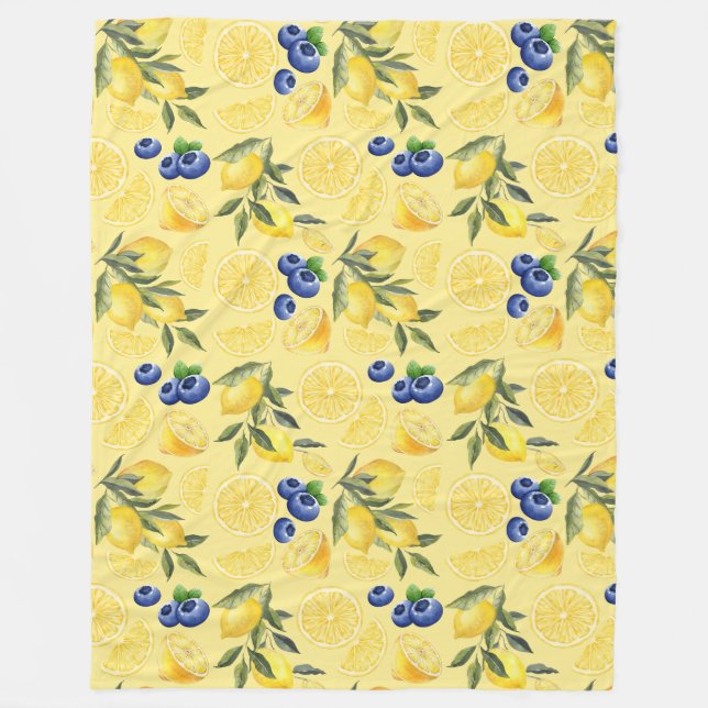 Yellow Citrus lemons and Blueberry Pattern Fleece Blanket (Front)