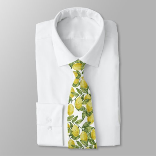 Yellow citrus watercolor lemons with green leaves neck tie