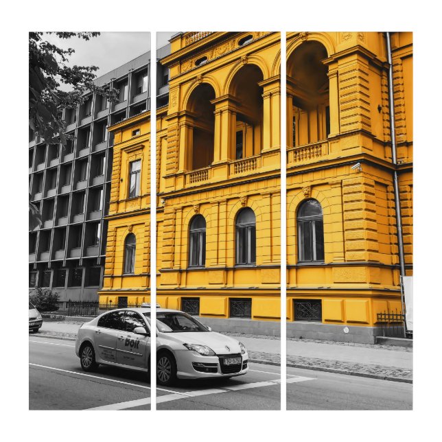 Yellow City Building Minimalist Photography Canvas Triptych (Front)