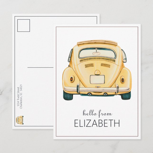 Yellow Classic Vintage Buggy Bug Car Personalized Postcard (Front/Back)