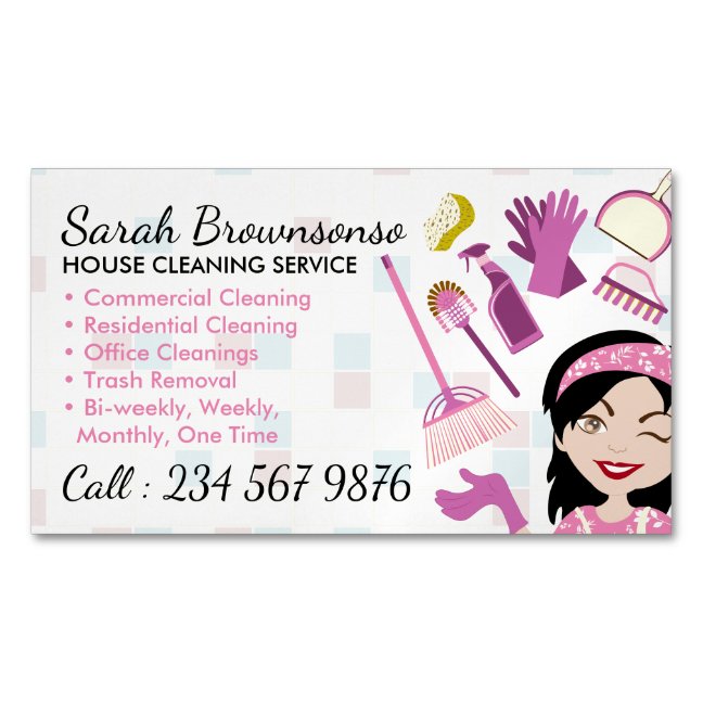 Yellow Cleaning Janitorial Lady Tile Washing Business Card Magnet