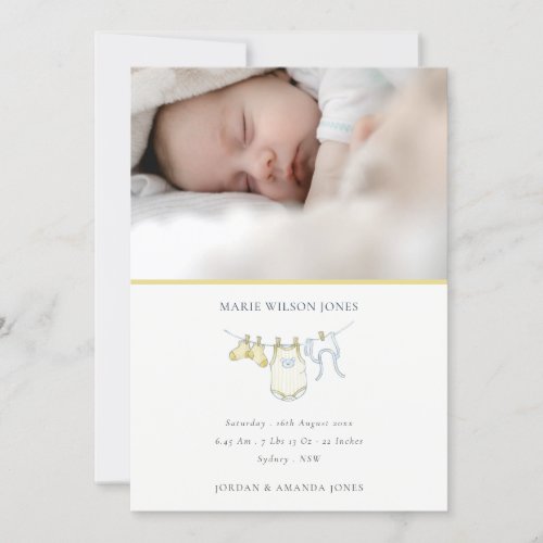 Yellow Clothesline Photo Baby Birth Announcement 