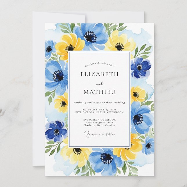 Yellow Cobalt Ebullient Spring Wedding Invitation (Front)