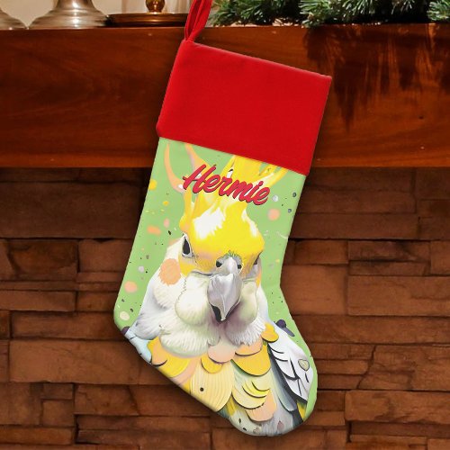 Yellow Cockatiel Fun Modern Festive Pet Bird Name Christmas Stocking