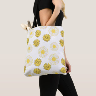 Yellow Color Daisies Pattern in White Tote Bag