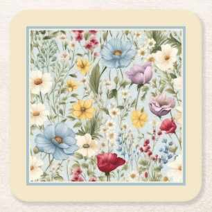 Yellow color with delicate floral pattern square paper coaster