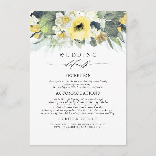 Yellow Colored Flowers Wedding Information Enclosure Card