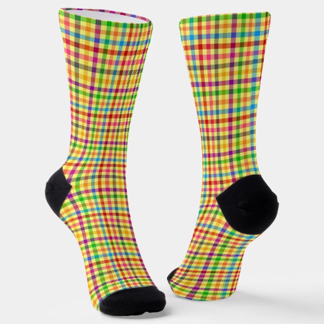 Yellow Colorful Gingham Plaid Pattern  Socks (Angled)