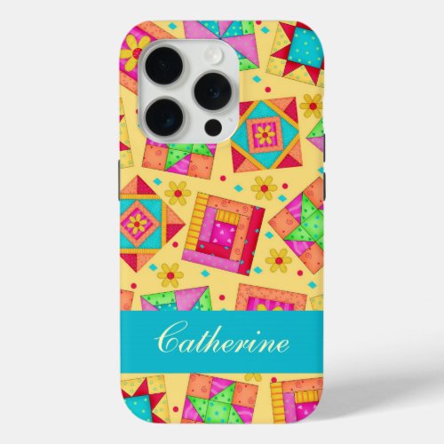 Yellow Colorful Patchwork Quilt Block Custom iPhone 15 Pro Case