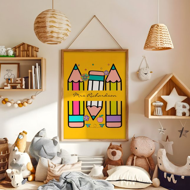 Yellow Colorful Teacher Cartoon Pencil Poster (Creator Uploaded)