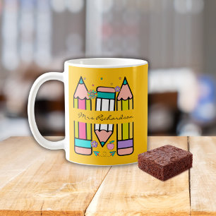 Yellow Colorful teacher name pencil cartoon Coffee Mug
