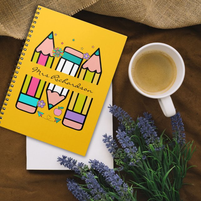 Yellow Colorful teacher name pencil cartoon  Notebook (Creator Uploaded)