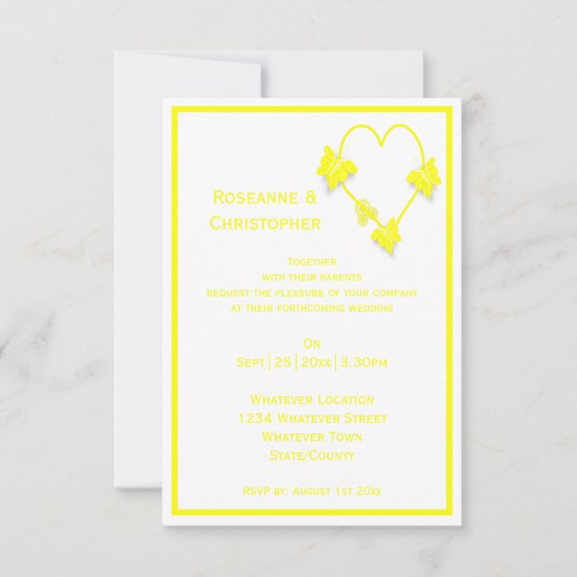 Yellow Coloured Butterflies Heart Design Wedding Invitation (Front)
