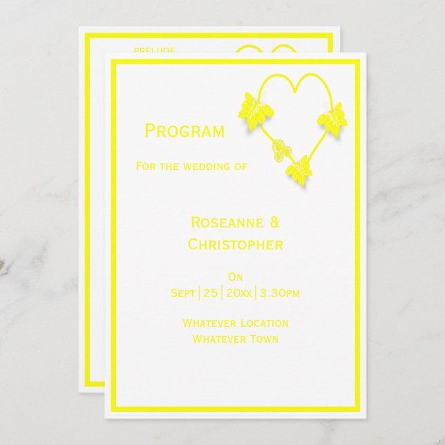 Yellow Coloured Butterflies Heart Design Wedding Program (Front/Back)
