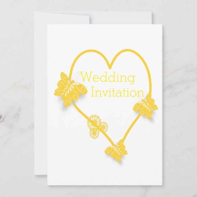Yellow Coloured Butterfly Heart Design Wedding Invitation (Front)