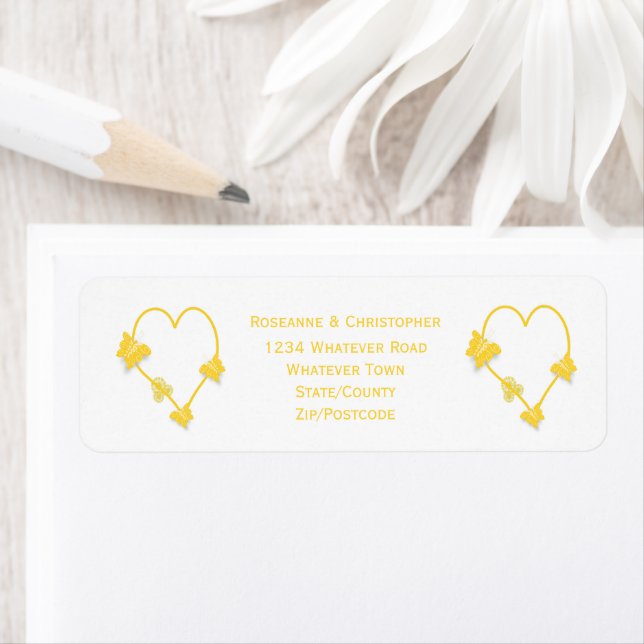 Yellow Coloured Butterfly Heart Design Wedding Label (Insitu)