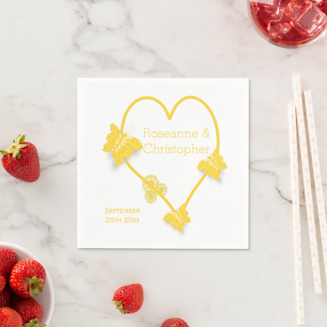 Yellow Coloured Butterfly Heart Design Wedding Napkins (Insitu)