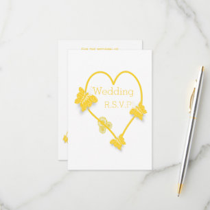 Yellow Coloured Butterfly Heart Design Wedding RSVP Card