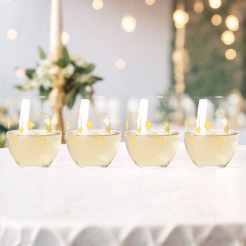 Yellow Coloured Butterfly Heart Design Wedding Stemless Wine Glass