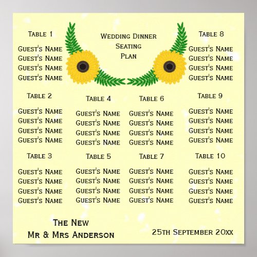 Yellow Coloured Sunflower Design Wedding Seating Poster