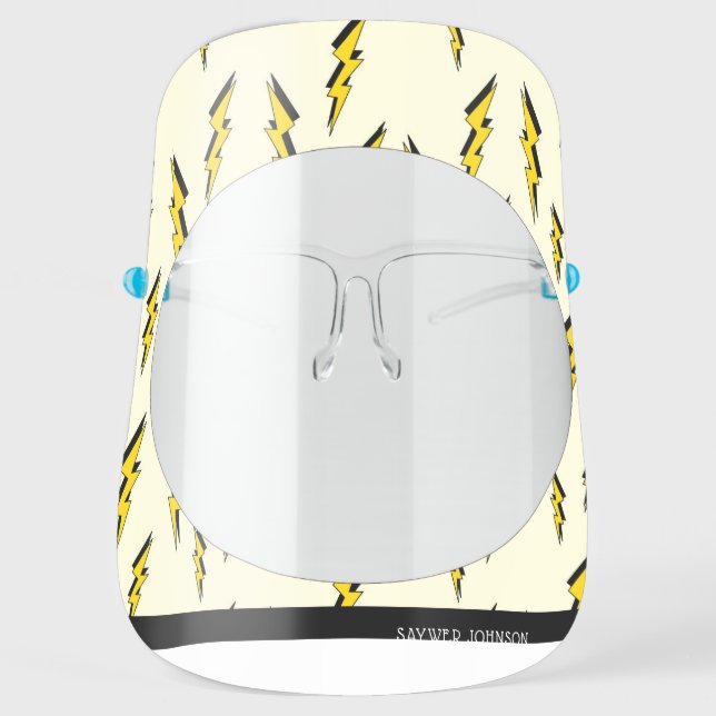 Yellow Comic Book Lightening Flashes Pattern Name Face Shield (Front)