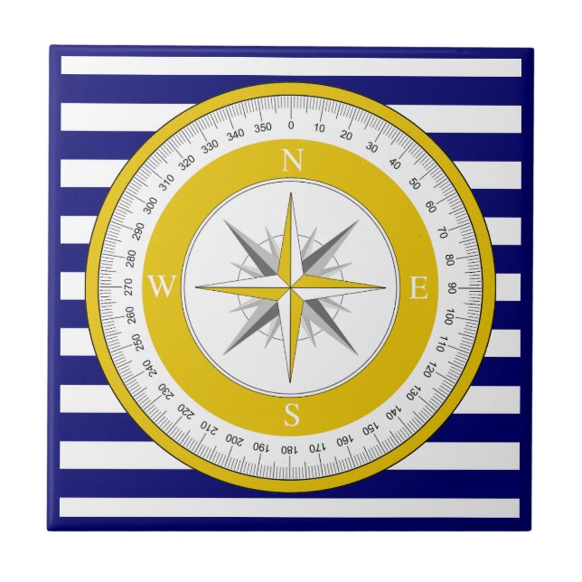 Yellow Compass Rose Blue and White Stripe Ceramic Tile (Front)